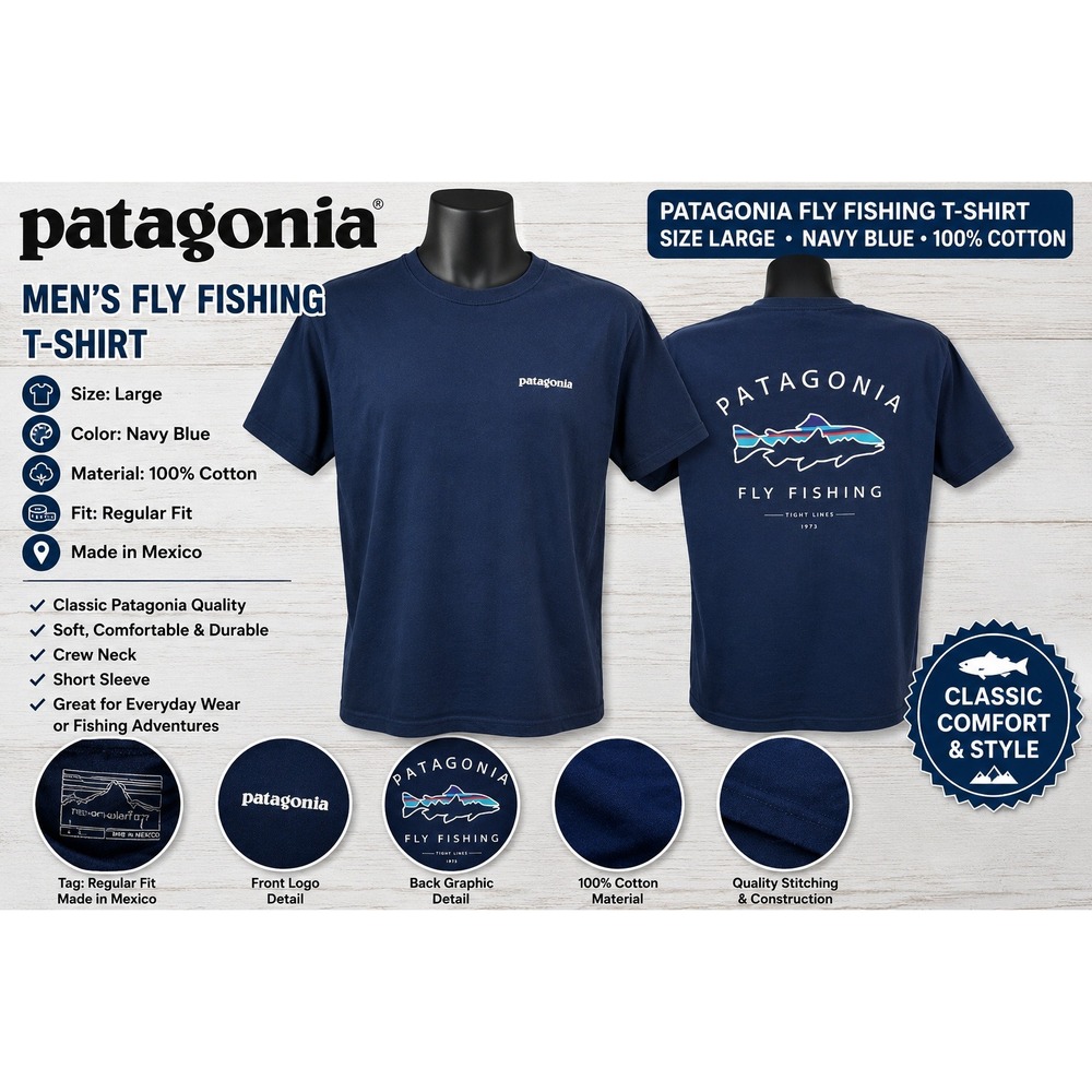 Patagonia Fly Fishing T-Shirt Mens Large Navy Blue Trout Graphic Regular Fit Tee